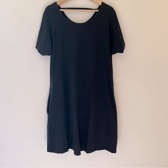 COS Black Dress A-Line Ruched Sleeve Back Detail Pockets Size Small Minimal Mod - Picture 1 of 8